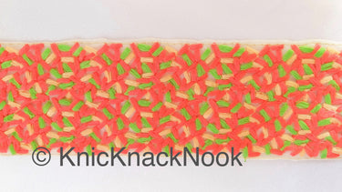 Beige Sheer Tissue Fabric Trim With Cotton Thread Embroidery In Tomato Red, Green And Nude, Fabric Lace
